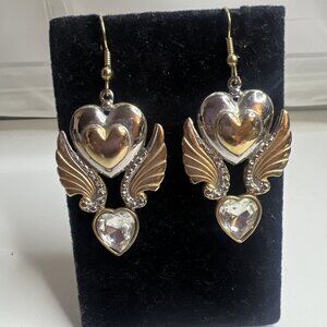 Vintage JJ Jonette Angel Wings Drop Pierced Earrings gold silver tone hearth‎